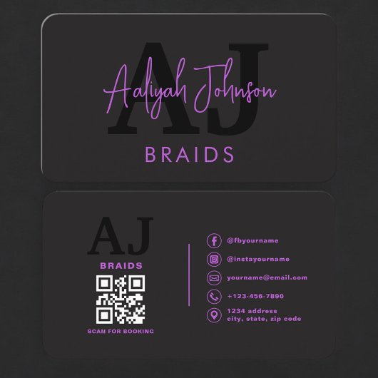 Hair Braiding QR Code Business Card Purple Black Visitenkarte