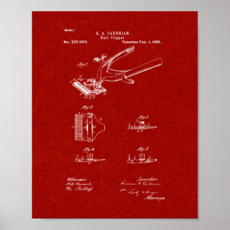 Hair Clipper Patent - Burgund Red Poster