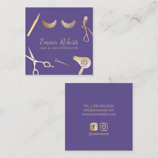 Hair & Eyelash Extensions Modernes Violet & Gold Quadratische Visitenkarte (Vorne/Hinten)