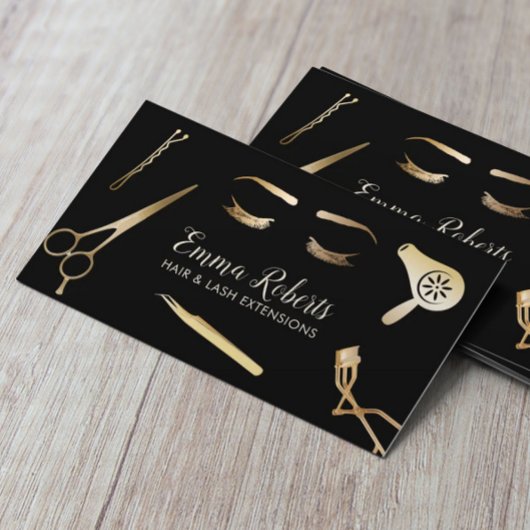 Hair & Lash Erweiterungen Moderne Schwarz & Gold Visitenkarte