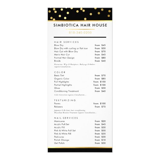 HAIR PRICE LIST Moderne Glam Polka Dot Gold Werbekarte (Vorne)