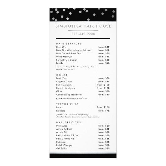 HAIR PRICE LIST moderne Glam polka dot silber Werbekarte (Vorne)