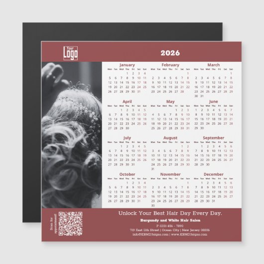 Hair Salon Burgundy White 2026 Calendar Magnet (Vorne/Hinten)