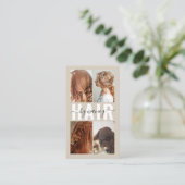Hair Salon Calligraphy Script Photo Collage Beige Visitenkarte (Stehend Vorderseite)
