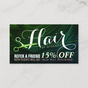 Hair Salon Hairstylist Green Gold Scissor Referend Empfehlungskarte