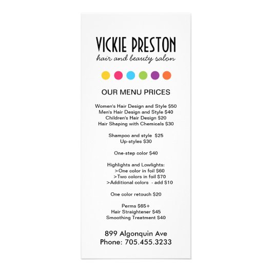 Hair Salon Menu Rack Cards Werbekarte (Vorne)