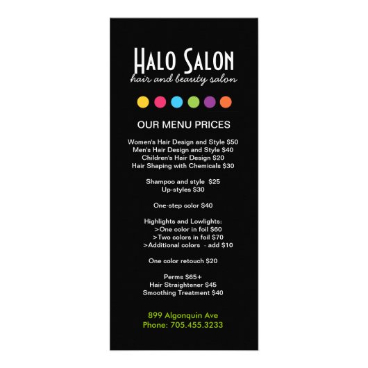Hair Salon Menu Rack Cards Werbekarte (Vorne)