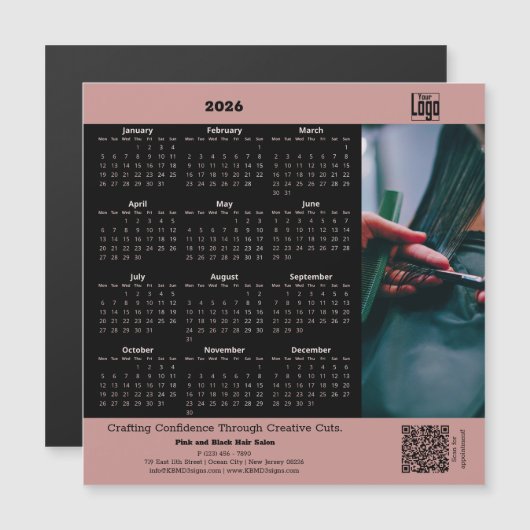 Hair Salon Pink Black 2026 Calendar Magnet (Vorne/Hinten)