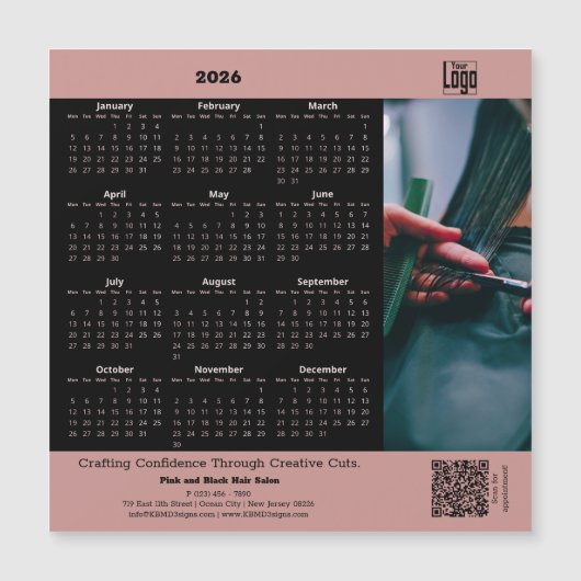 Hair Salon Pink Black 2026 Calendar Magnet (Vorderseite)