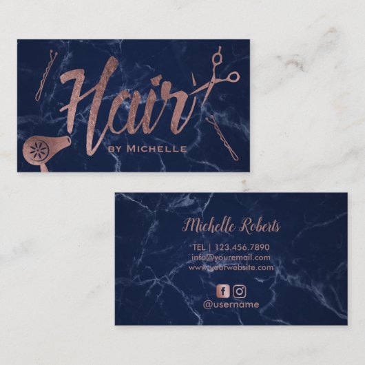 Hair Salon Rose Gold Typography Navy Blue Marble Visitenkarte (Vorne/Hinten)