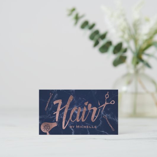 Hair Salon Rose Gold Typography Navy Blue Marble Visitenkarte (Stehend Vorderseite)