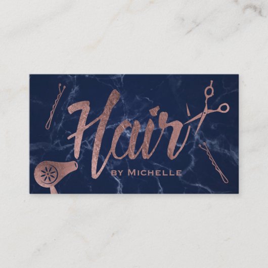 Hair Salon Rose Gold Typography Navy Blue Marble Visitenkarte (Vorderseite)