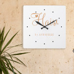 Hair styist name gold copper elegant glam logo quadratische wanduhr<br><div class="desc">Trendy modern glamorous elegant hairstyist / hairrichname hair salon wall clock with chic typography in white and falsch gold with scissors and a little heart.             Suitable for hairstyle salon,  beauty salon,  hairdressury,  professirstyist.                                                                                    Perfekt choice for an elegant stylish sophisticated professicated professional look</div>