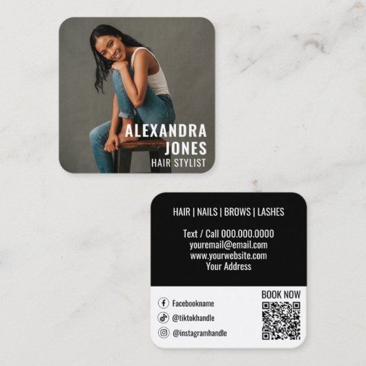 Hair Styist Template Black Qr Code Social Media Quadratische Visitenkarte (Vorne/Hinten)