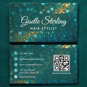 Hair Stylist Aquamarin Gold Glitzer QR Code Luxus Visitenkarte