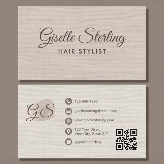 Hair Stylist Beige Linen Modern Elegant QR Code Visitenkarte