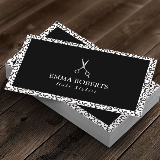 Hair Stylist Black & White Leopard Print Modern Visitenkarte