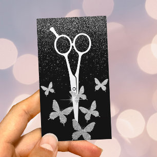 Hair Stylist Butterflies & Scissor Silver Confetti Visitenkarte