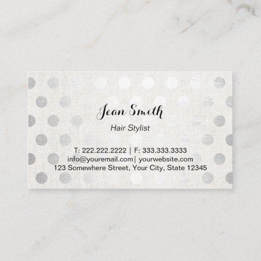 Hair Stylist Chic Silver Polka Dots Elegant Linen Visitenkarte (Rückseite)