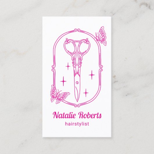 Hair Stylist Cute Scissor & Butterfly Beauty Salon Visitenkarte (Vorderseite)
