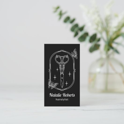 Hair Stylist Cute Scissor & Butterfly Doodle Black Visitenkarte (Stehend Vorderseite)