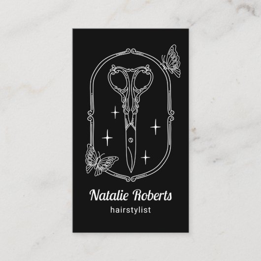 Hair Stylist Cute Scissor & Butterfly Doodle Black Visitenkarte (Vorderseite)