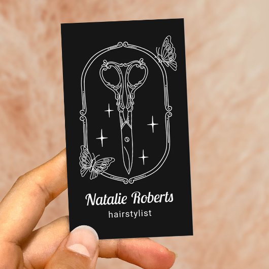 Hair Stylist Cute Scissor & Butterfly Doodle Black Visitenkarte