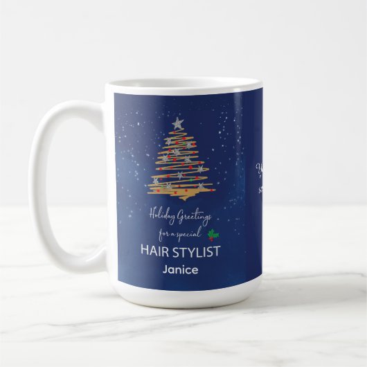 Hair Stylist Dank Weihnachten machen Saison hell Kaffeetasse (Links)