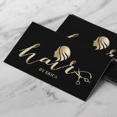 Hair Stylist Gold Girl & Scissor Elegantes Drehbuc Visitenkarte