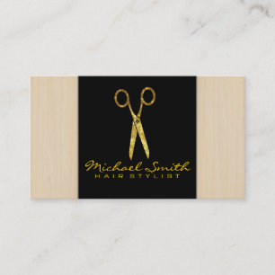 Hair Stylist Gold Glitzer Scissors Modern Wood Visitenkarte