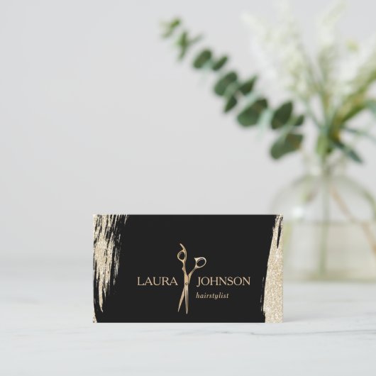 Hair Stylist Gold Glitzer Spritzer Scheren Visitenkarte (Stehend Vorderseite)