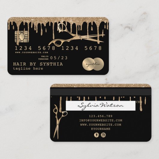 Hair Stylist Gold Glitzer Tropfen Schöne Kreditkar Visitenkarte (Vorne/Hinten)