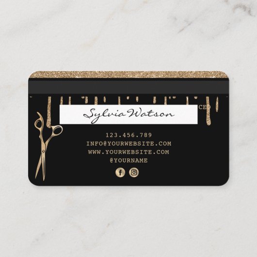 Hair Stylist Gold Glitzer Tropfen Schöne Kreditkar Visitenkarte (Rückseite)