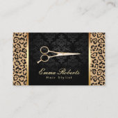 Hair Stylist Gold Schere Damask Leopard Print Visitenkarte (Vorderseite)