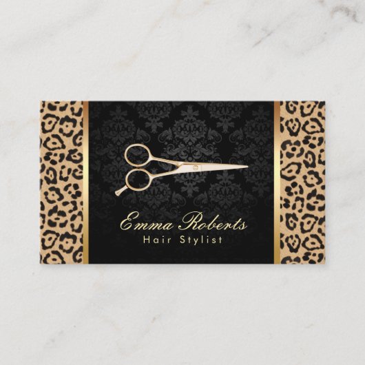 Hair Stylist Gold Schere Damask Leopard Print Visitenkarte (Vorderseite)