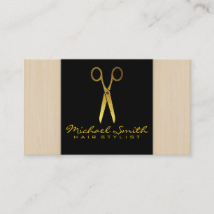 Hair Stylist Gold Scissors Modern Wood Look #4 Visitenkarte