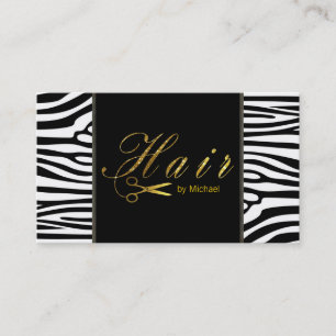 Hair Stylist Gold Scissy Script Modern Zebra Visitenkarte