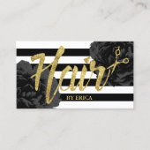 Hair Stylist Gold Script Modern Black Floral Visitenkarte (Vorderseite)