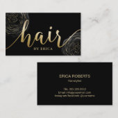 Hair Stylist Gold Typografy Black Floral Visitenkarte (Vorne/Hinten)