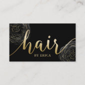 Hair Stylist Gold Typografy Black Floral Visitenkarte (Vorderseite)