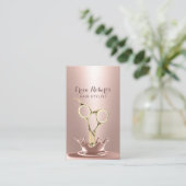 Hair Stylist Goldschere Moderne Rose Gold Splash Visitenkarte (Stehend Vorderseite)