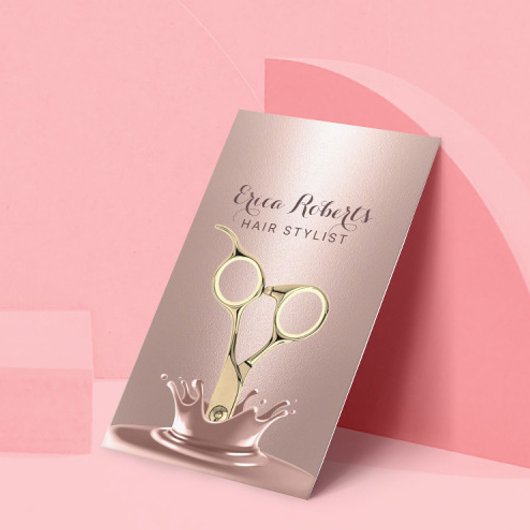 Hair Stylist Goldschere Moderne Rose Gold Splash Visitenkarte