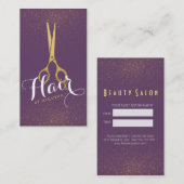 Hair Stylist Goldscheren Lila und Gold Glitzer Terminkarte (Vorne/Hinten)