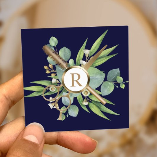 Hair Stylist Lashes Salon Botanical Navy Blue Quadratische Visitenkarte