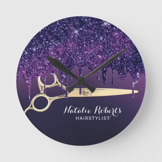 Hair Stylist Magic Lila Glitzer Tropfen Salon Runde Wanduhr (Vorderseite)