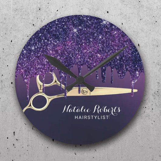 Hair Stylist Magic Lila Glitzer Tropfen Salon Runde Wanduhr