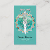 Hair Stylist Mandala Blume Schere Türkis Visitenkarte (Vorderseite)