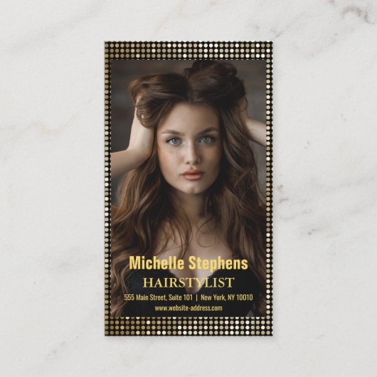 Hair Stylist Metallic Gold + Black QR Code Visitenkarte (Vorderseite)
