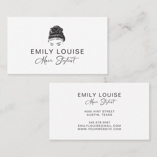 Hair Stylist Minimalist Black White Business Card Visitenkarte (Vorne/Hinten)
