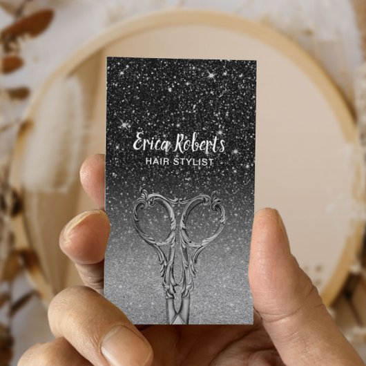 Hair Stylist Modern Black & Silver Glitter Salon Visitenkarte
